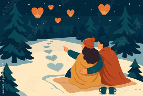 Romantic over blanket winter vector snow pine them draped starry sky wonderland