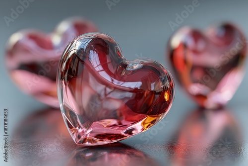 Three pink glass hearts on reflective surface for Valentine's Day