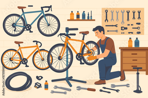 Pedals workshop like illustration view pumps repair bicycle bike garage mechanic vector