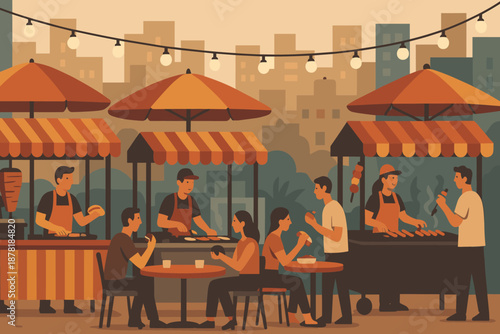 Small meals food vendors festival vector like illustration skewers background street busy