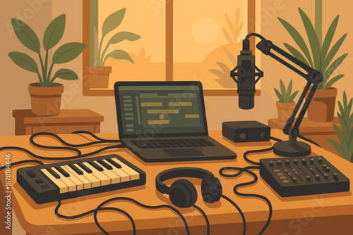 Vector desk keyboard warm cozy home studio through window illustration mixing