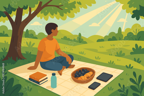 Digital sitting under detox peaceful vector illustration bottle sunlight picnic scene aside