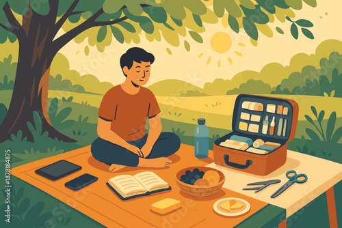 Phone picnic peaceful detox illustration vector set digital bottle outdoor tree sitting