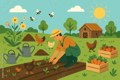 Compost vector farming neat watering organic filled roaming paradise illustration scene rows