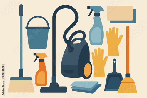 Cleaning home flat including bucket illustration kit vector abstract minimalist tidy