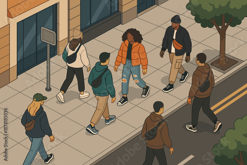 City trees streets sneakers wearing crossbody walk vector trendsetting lining jackets illustration