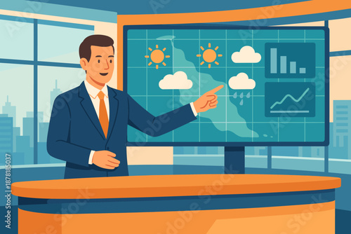 Symbols clouds digital lighting sun tv pointing vector forecast studio illustration weather