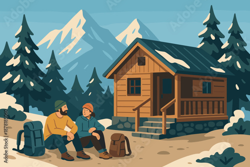Resting retreat outside shelter clear mountain vector small porch cabin stone illustration