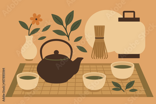 Flat minimalist vector leaves ceramic ceremony composition illustration abstract tea japanese lantern