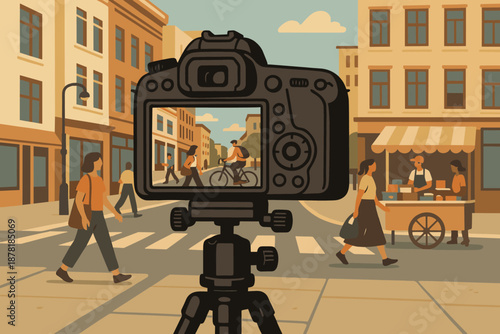 Vector urban illustration scene camera capture pedestrians buildings textures illuminating frame bright