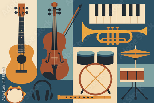 Flat vector music instruments concept trumpet illustration flute musical violin sheet piano