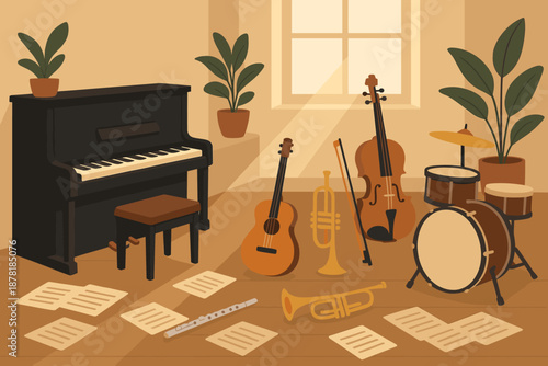 Instruments music streaming illustration musical flute guitar sheet vector multiple oasis studio