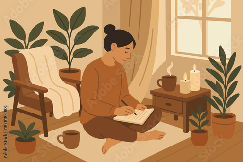 Care self plants entering soft cozy tea nearby vector corner cup illustration