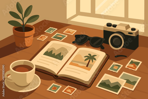 Wallpaper Mural Illustration vector sunglasses desk camera stamps journal around cozy sunlight streaming travel Torontodigital.ca