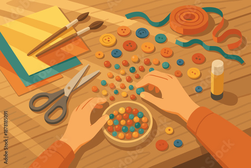 Illustration ribbons table scissors sunlight buttons highlights stick serenity beads station crafting