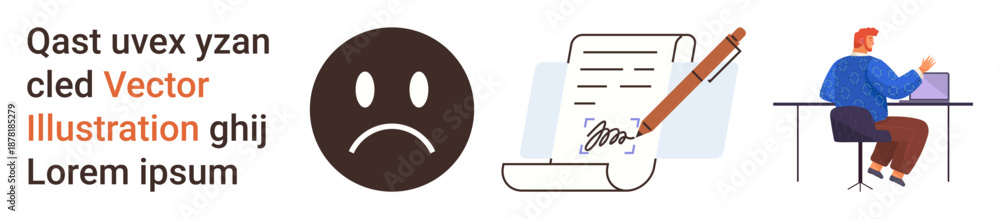 Fototapeta premium Emotions, communication, productivity, digital work, contract signing, documentation. Sad emotion, signing a document person working at a desk. Emotions and communication visualization
