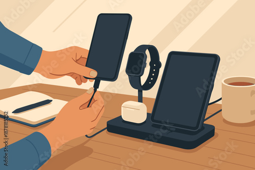 Charging station already person illustration cup connected earbuds gadget vector wireless coffee