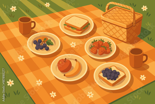 Flowers highlighting delight fruits illustration blanket picnic sunlight wicker food vector around