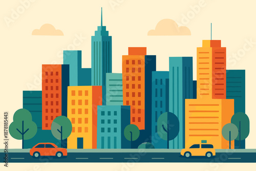 Geometric cityscape urban minimalist illustration clouds palette modern color vector abstract