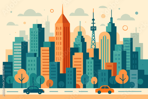 Skyline illustration composition antennae palette urban subtle trees cloud vector towers abstract