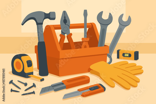 Screws vector toolbox composition illustration pliers organized abstract gloves essentials level