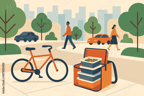 Meal minimal delivery pedestrians flat bicycle abstract concept city illustration vector urban