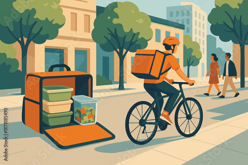 Bag illustration creating sidewalk vector delivery meal insulated bicycle view food urban