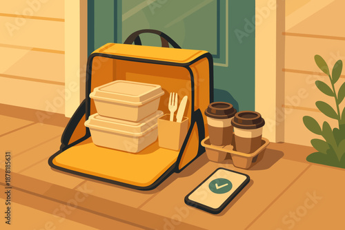 Cutlery meal smartphone bag confirmation delivery illustration vector doorstep reflecting softly showing