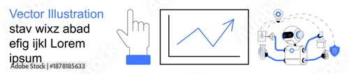 Data visualization, artificial intelligence, tech solutions, business analytics, robotic automation, user interface. A chart, robot and pointing hand illustration. Data visualization and AI concepts