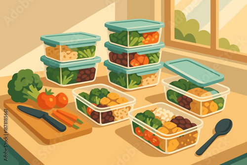 Board prep illustration counter vector colorful fresh meal kitchen open