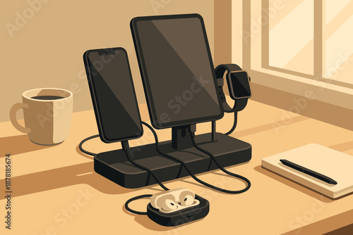 Charging neatly smartphone vector cup smartwatch illustration earbuds station gadget modern illuminating