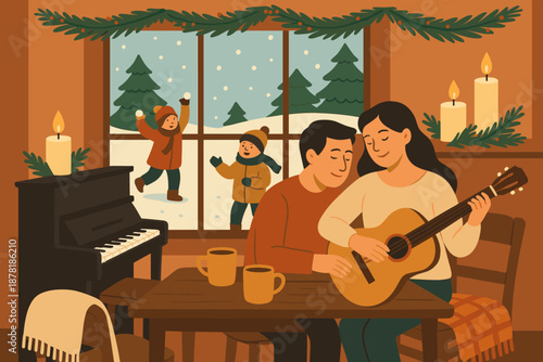 Illustration scene vector visible retreat cozy garlands outside couple snow musical while