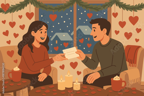 Romance candles cozy petals illustration scene garlands softly vector winter decorations handwritten