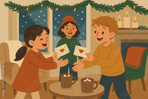 Notes winter romantic holiday illustration softly love children outside vector surprise blankets