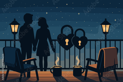 Couple illustration balcony blankets softly vector winter mugs warm cocoa to romantic
