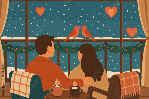 Room cozy softly illustration decorating outside floating mugs scene winter vector romance