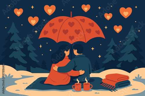 Snowy umbrella romantic nearby vector blanket cocoa pine starry evening illustration above