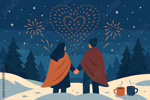 Winter heart romance wrapped sky vector fireworks outdoors illustration cozy them night