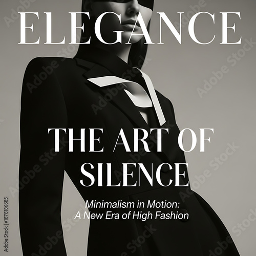 An elegant female fashion model poses dramatically in a structured black blazer and eye mask, captured in a high-contrast black and white studio shot featuring bold magazine typography.