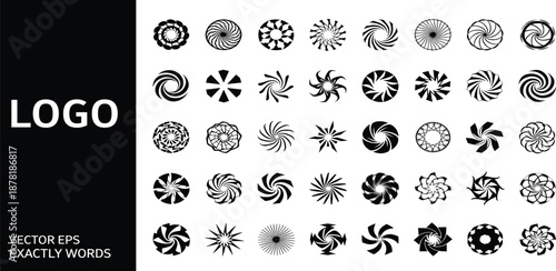 Abstract circular vector logo design collection, a diverse set of modern geometric patterns, swirling motifs, and radial graphic elements for branding and creative identity projects