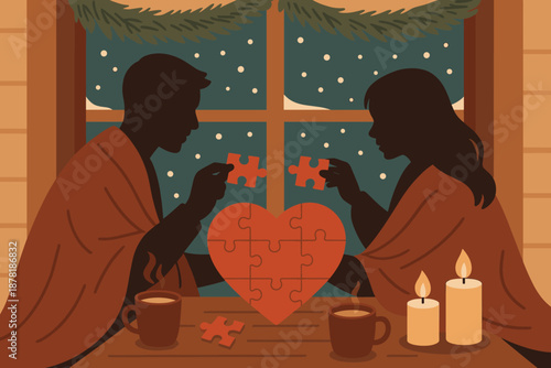 Outside cozy winter mugs placing illustration romantic pine softly scene vector snow