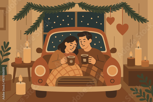 Living winter couple road cocoa vector romantic warm scene softly mugs illustration