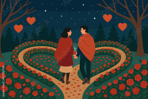 Winter warm blankets shoulders hand couple mugs vector illustration romantic garden bordering