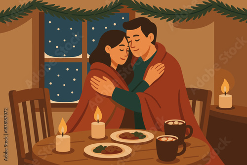 Garlands indoors dinner cocoa snow winter draped shoulders cozy embrace illustration softly