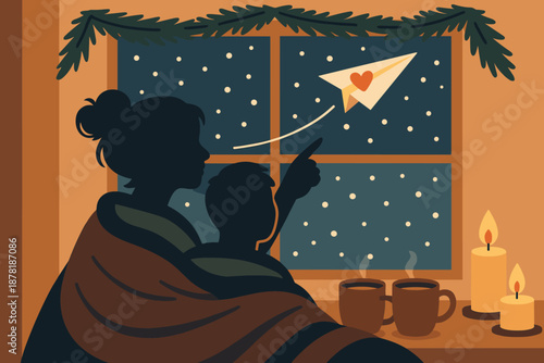Cozy cocoa vector plane indoors nearby silhouetted winter around romance glowing illustration