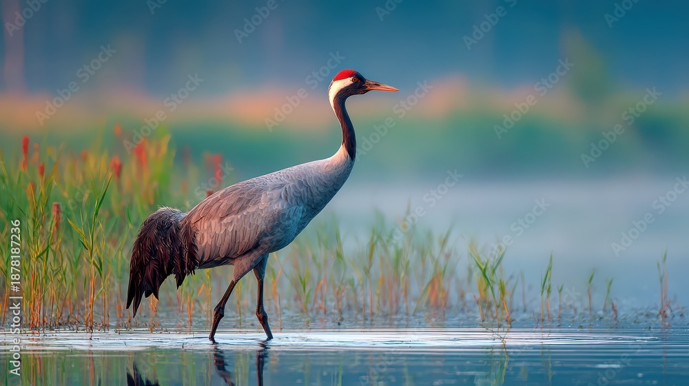 Fototapeta premium Common crane in tranquil wetland at dawn, a long-legged wading bird among reeds