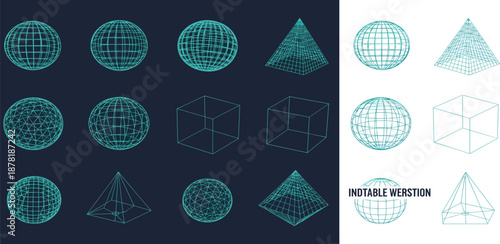 Wireframe 3D Geometric Shapes A Set of Abstract Digital Renderings of Spheres, Cubes, and Pyramids