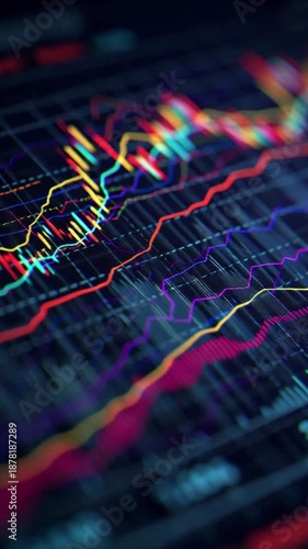 Falling stock prices in vertical format, illustrating equity losses and unsuccessful investment performance during economic crisis with animated financial charts and fluctuating market data.