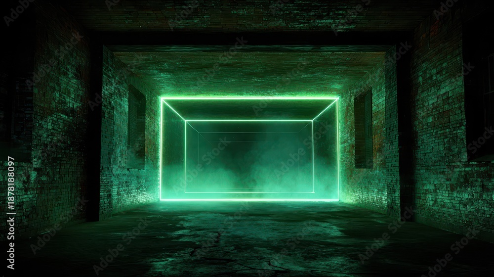 Fototapeta premium Empty industrial room bathed in neon green light with laser beams and smoke