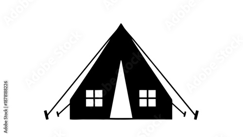 Vector illustration of a classic black camping tent with two windows, entrance, and dark silhouette, on transparent background